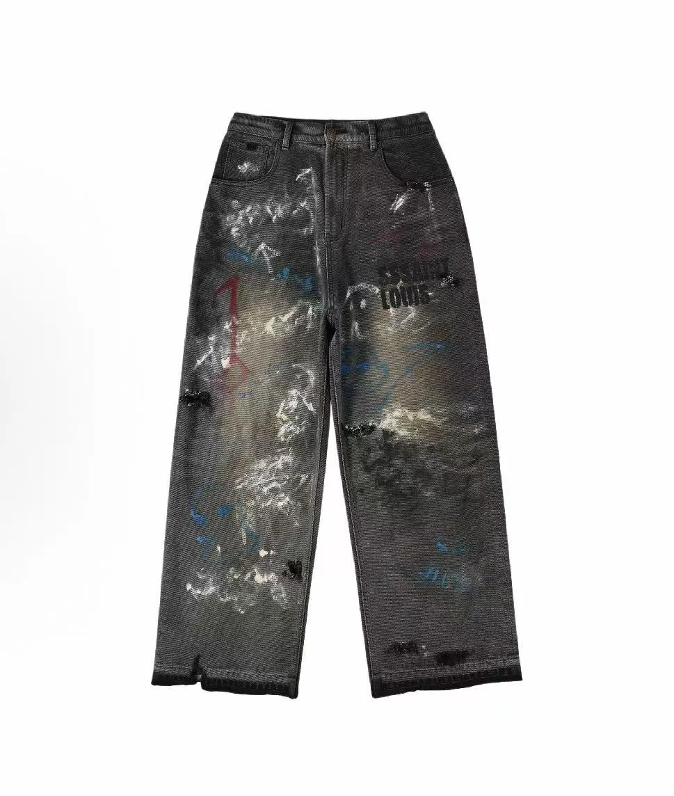 In stock KST755 style washed black P388 SSSAINT LOUIS 25SS dirty old hand-painted graffiti loose casual pants same style for men and women washed black code size S-M-L-XL